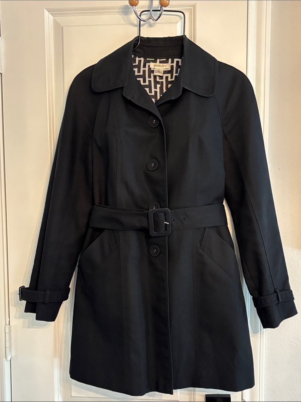 Harold's Women’s Black Belted 4 Button Mid Length Trench Coat. Small